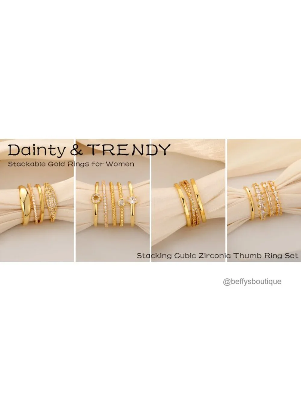 14K Gold Plated Stacking Ring Set for Women Non Tarnish Cubic Zirconia Hip-Hop